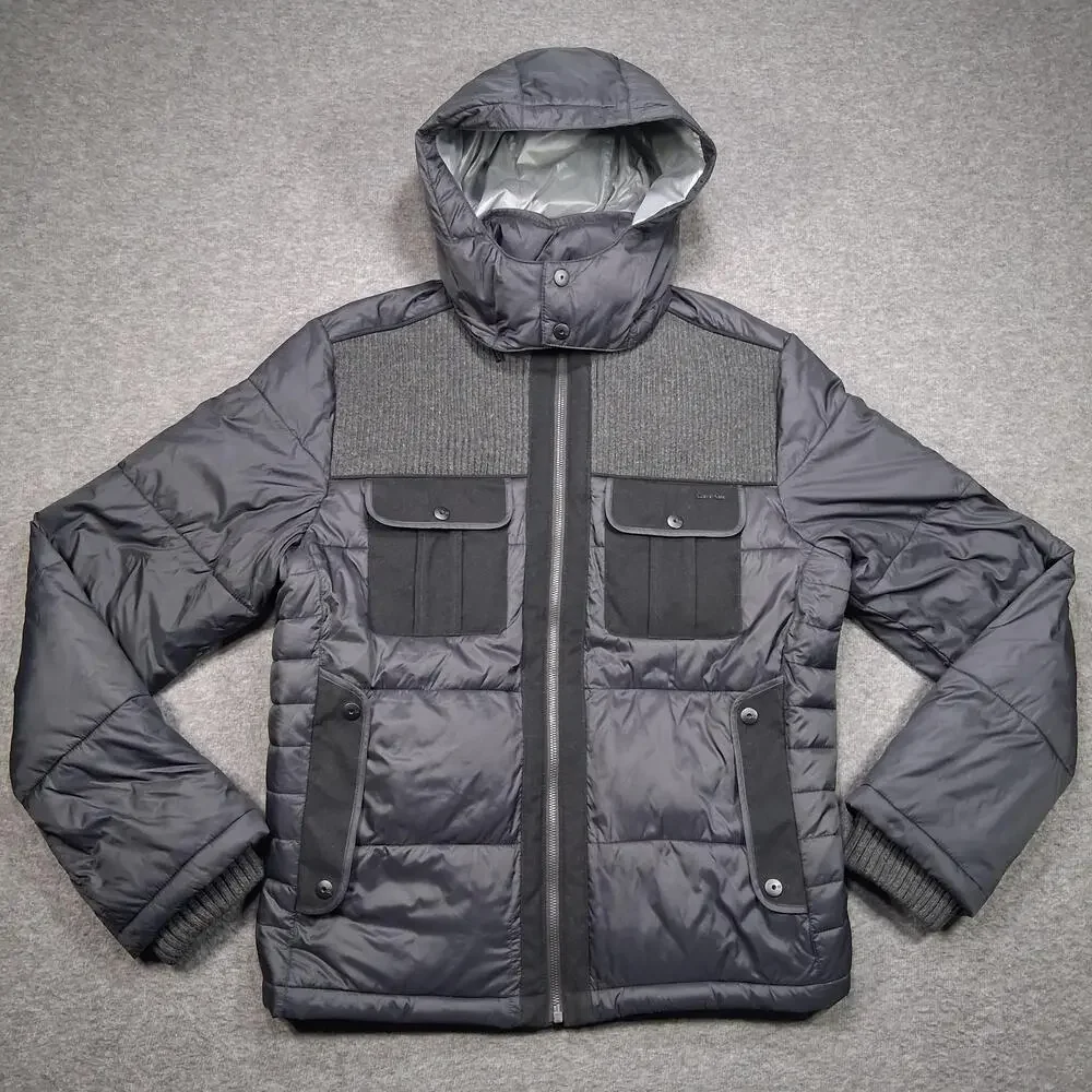 Calvin Klein Jacket Mens Medium Gray Hooded Puffer Quilted Winter Coat